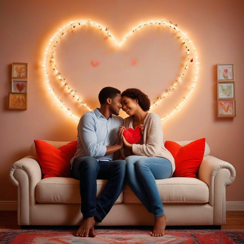 A warm, intimate scene depicting a diverse couple sitting on a cozy couch, sharing a heartfelt moment with a light glow around them, surrounded by symbols of love like heart shapes and intertwined hands, emphasizing connection; soft, inviting colors to evoke emotions of affection and attachment. super-realistic. vibrant colors. soft background.