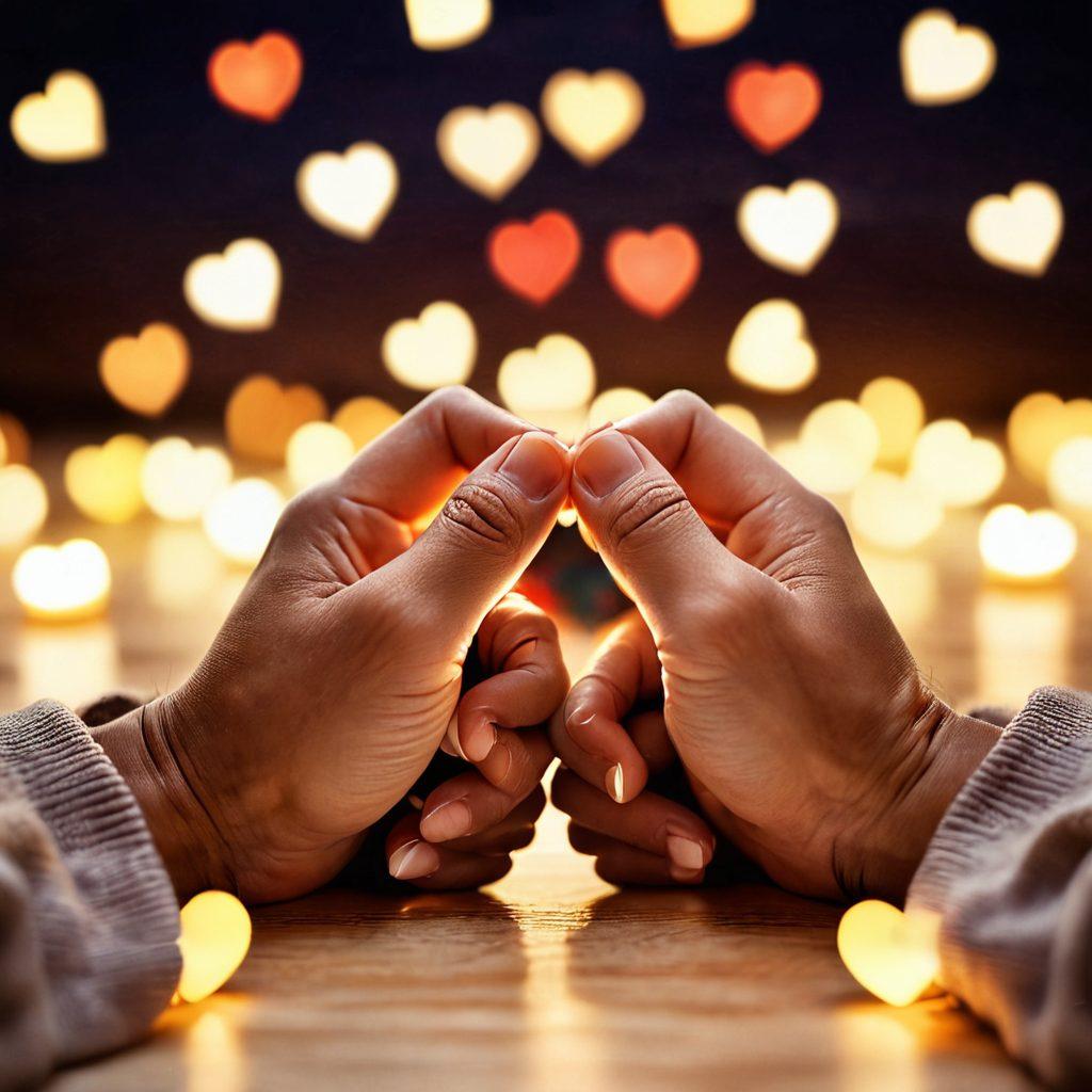 A warm, cozy scene featuring two hands coming together, symbolizing connection, surrounded by floating hearts and glowing light. In the background, a soft, blurred image of a couple sharing a heartfelt moment, conveying passion and intimacy. The overall atmosphere is inviting and romantic, promoting the essence of heartfelt partnerships. soft-focus. vibrant colors. warm tones.