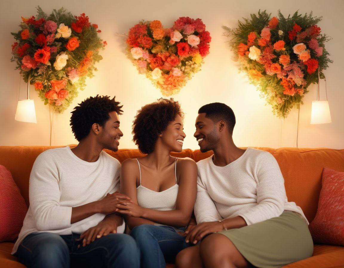 A warm and inviting scene of two diverse couples sitting closely together on a cozy couch, sharing a heartfelt conversation with soft lighting illuminating their faces. Surrounding them are symbolic elements of love and intimacy, like intertwined hearts, gentle hands, and flourishing flowers. The background should convey a sense of comfort and warmth, with subtle hues reflecting shades of love. super-realistic. vibrant colors. soft focus.